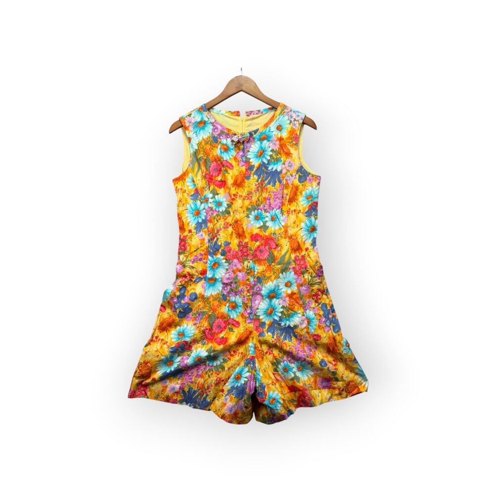 VTG 60s 70s Gregg Draddy Flowers Print Psychedelic Romper Shorts Festival M